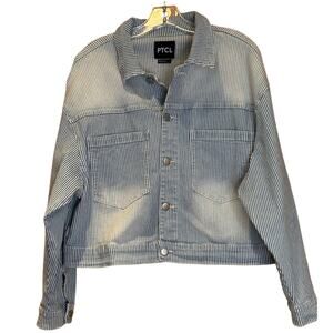 Women's PTCL Pinstriped Jean Denim Jacket, Blue Size Large, EUC